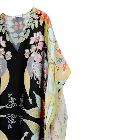Zara RARE Multicolored Floral Printed Asian Satin Kimono Kaftan Scarf Midi Dress - Picture 7 of 15